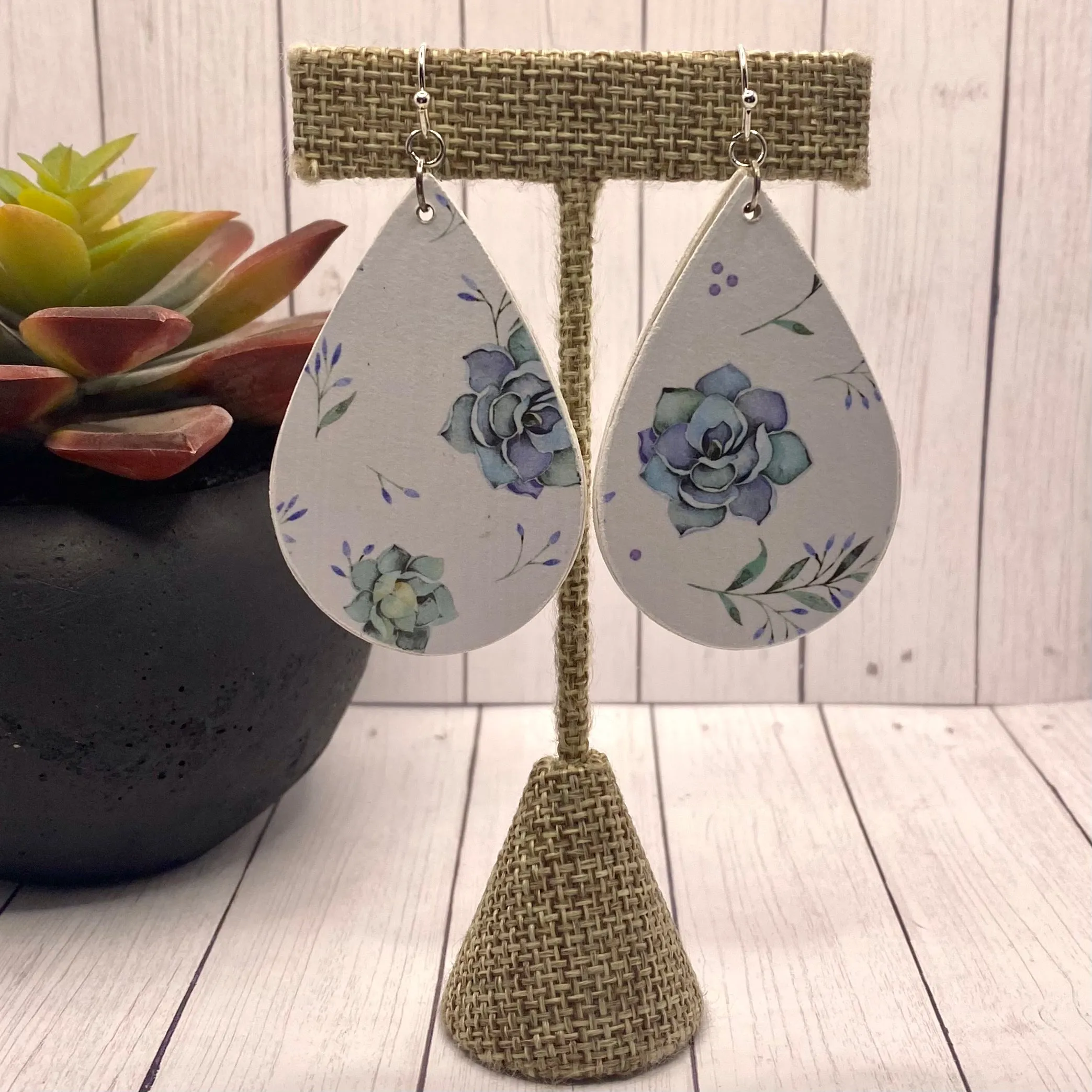 Blue Succulent Wood Earrings