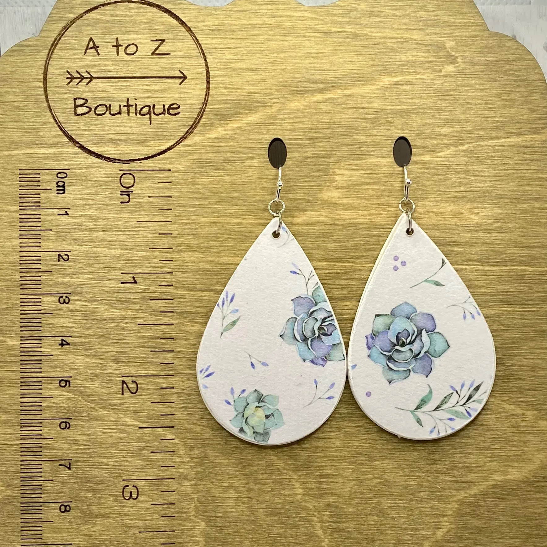 Blue Succulent Wood Earrings