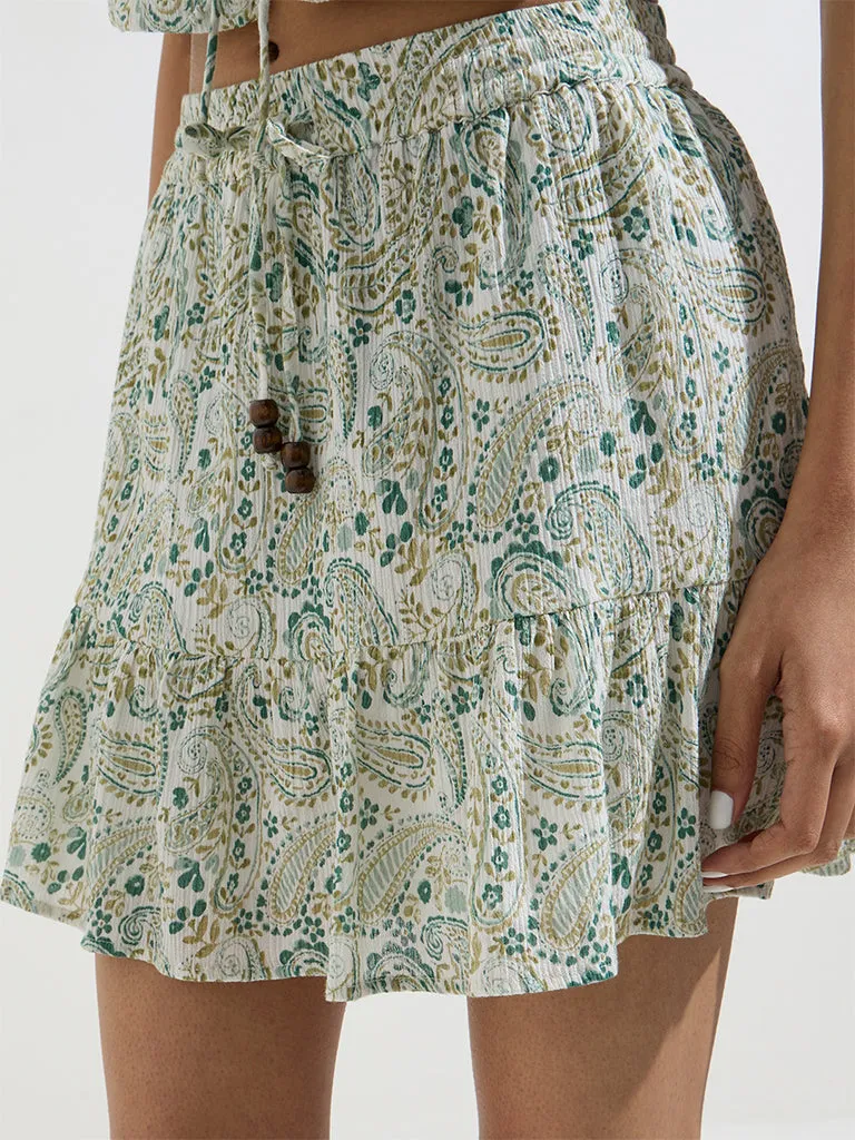 Bombay Paisley Green Paisley Pattern Mid-Rise Cotton Skirt