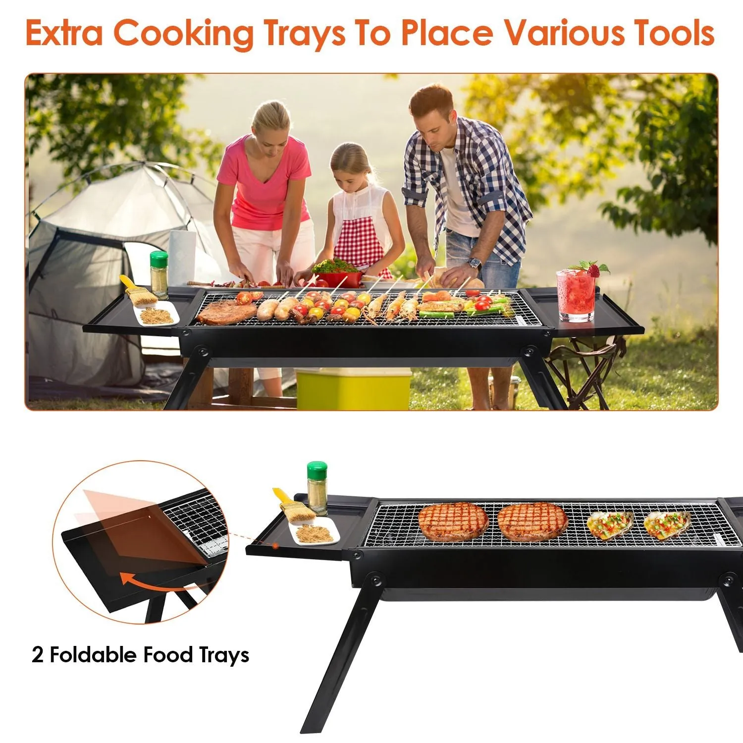 Folding Charcoal BBQ Grill Stainless Steel Grill with Shelf Net Easy Setup for Camping Picnic Outdoor Party Backyard