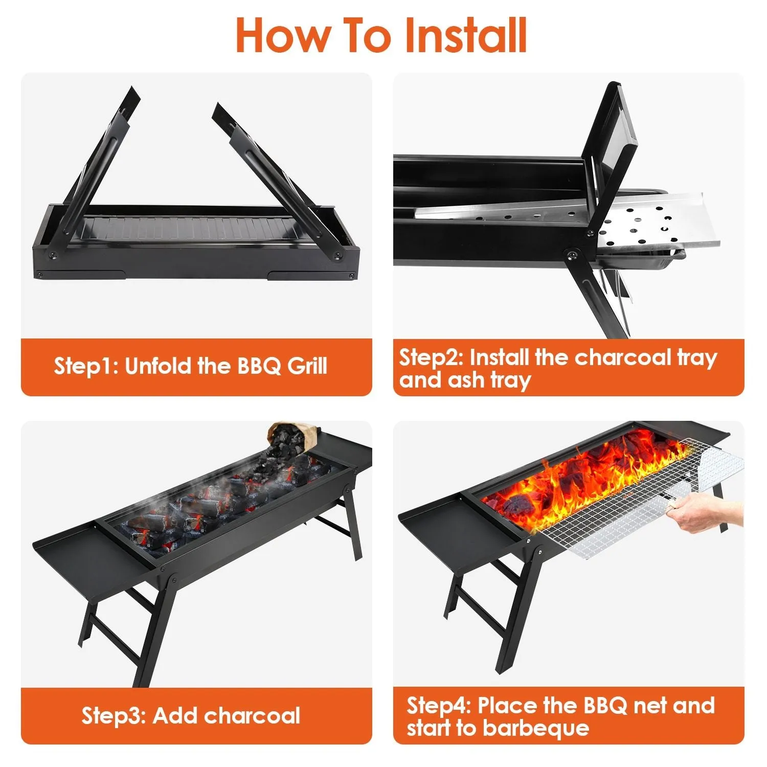 Folding Charcoal BBQ Grill Stainless Steel Grill with Shelf Net Easy Setup for Camping Picnic Outdoor Party Backyard