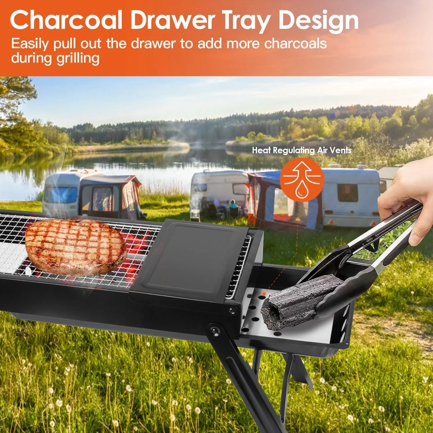 Folding Charcoal BBQ Grill Stainless Steel Grill with Shelf Net Easy Setup for Camping Picnic Outdoor Party Backyard