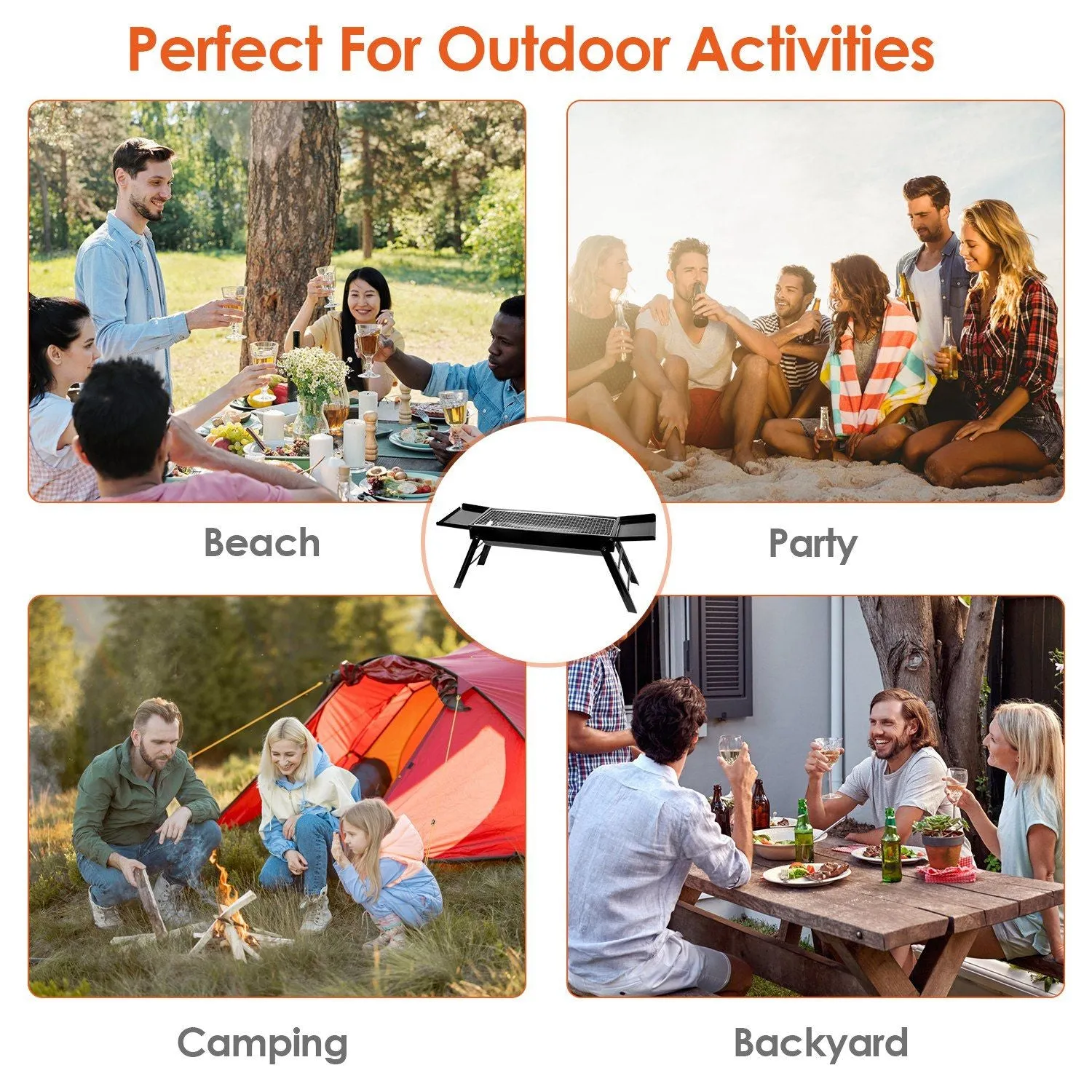 Folding Charcoal BBQ Grill Stainless Steel Grill with Shelf Net Easy Setup for Camping Picnic Outdoor Party Backyard