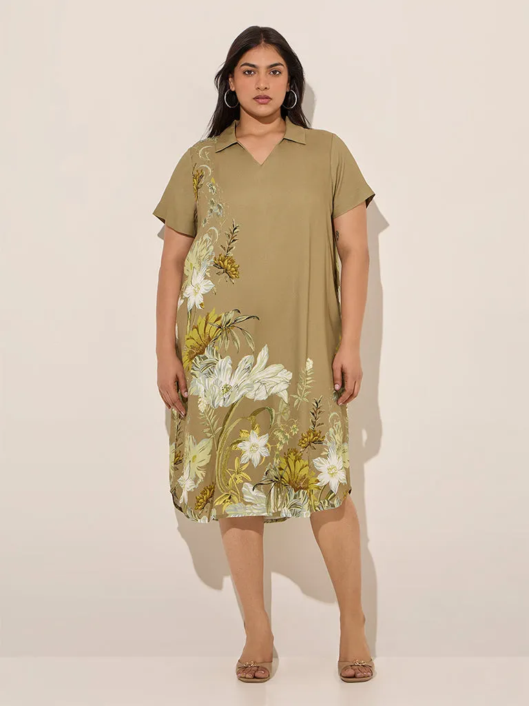 Gia Khaki Floral Printed Straight Dress