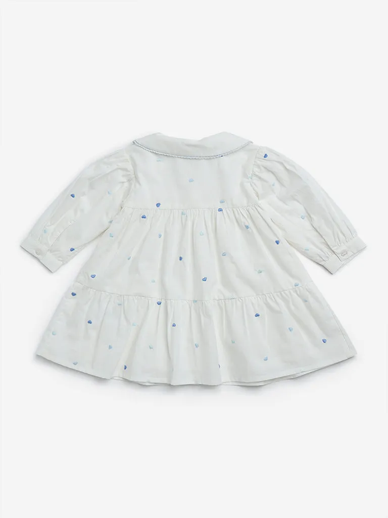 HOP Baby White Heart Printed Cotton Tiered Dress