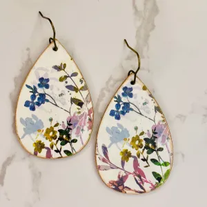 Ivory and Blue floral print Wood Earrings