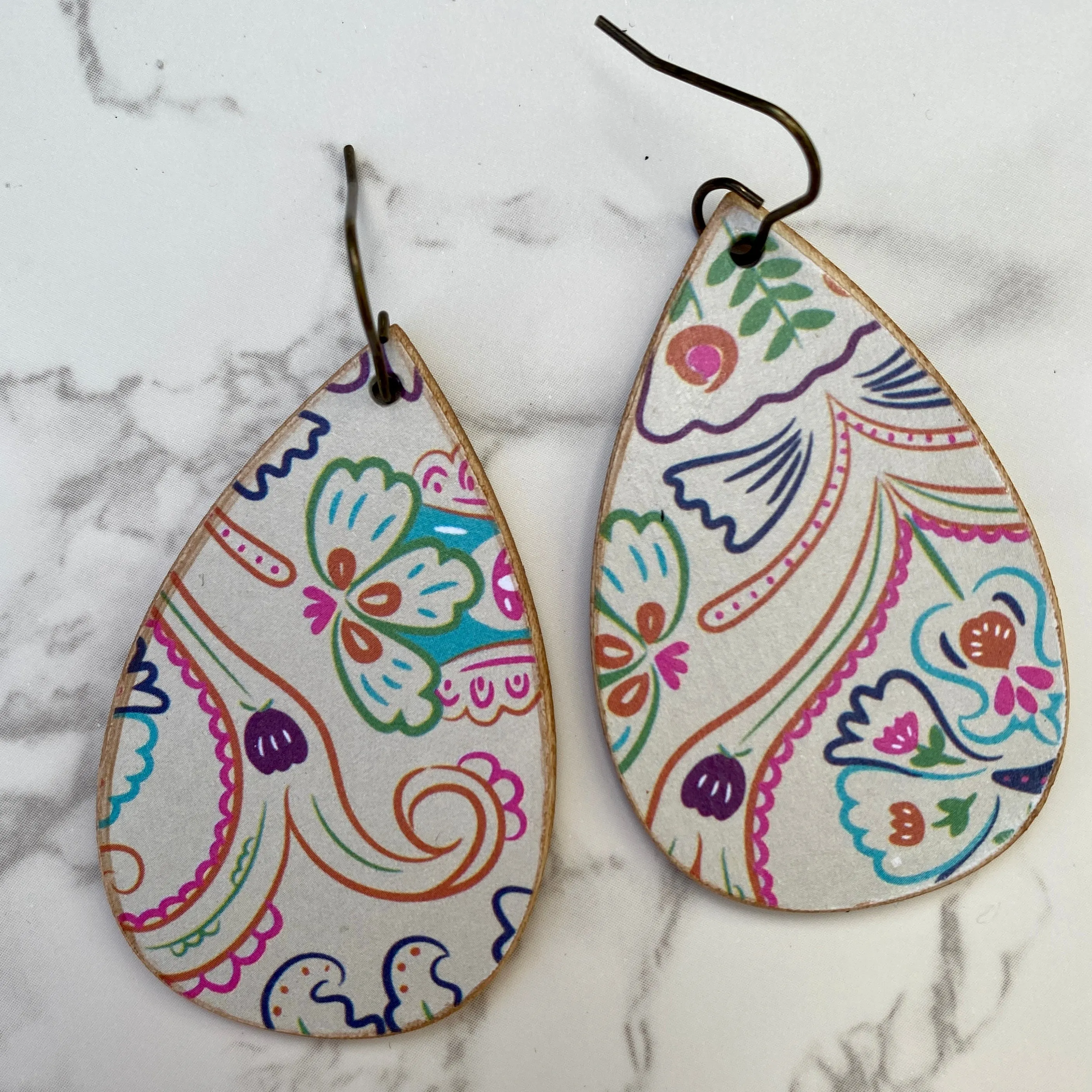 Ivory and Pink Floral Wood Earrings