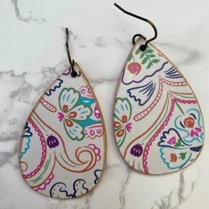 Ivory and Pink Floral Wood Earrings