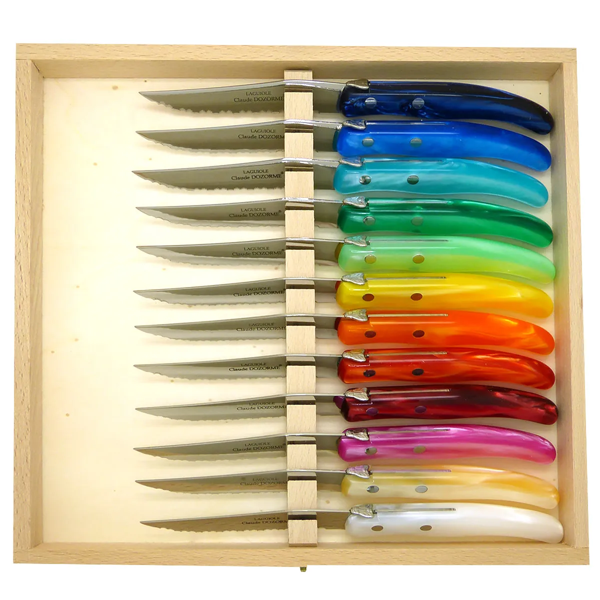 NEW Claude Dozorme Laguiole Steak Knife Gift Set of 12 Rainbow Colors