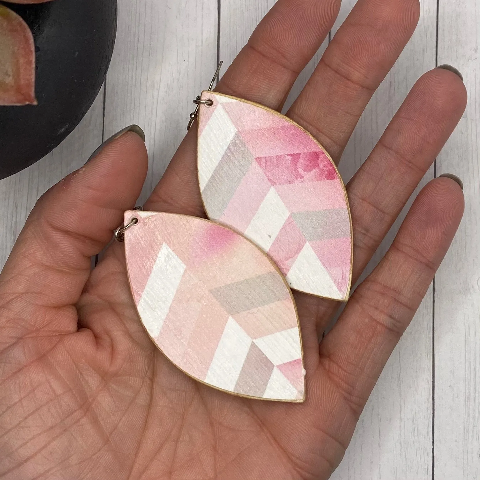 Pink Chevron Leaf Wood Earrings