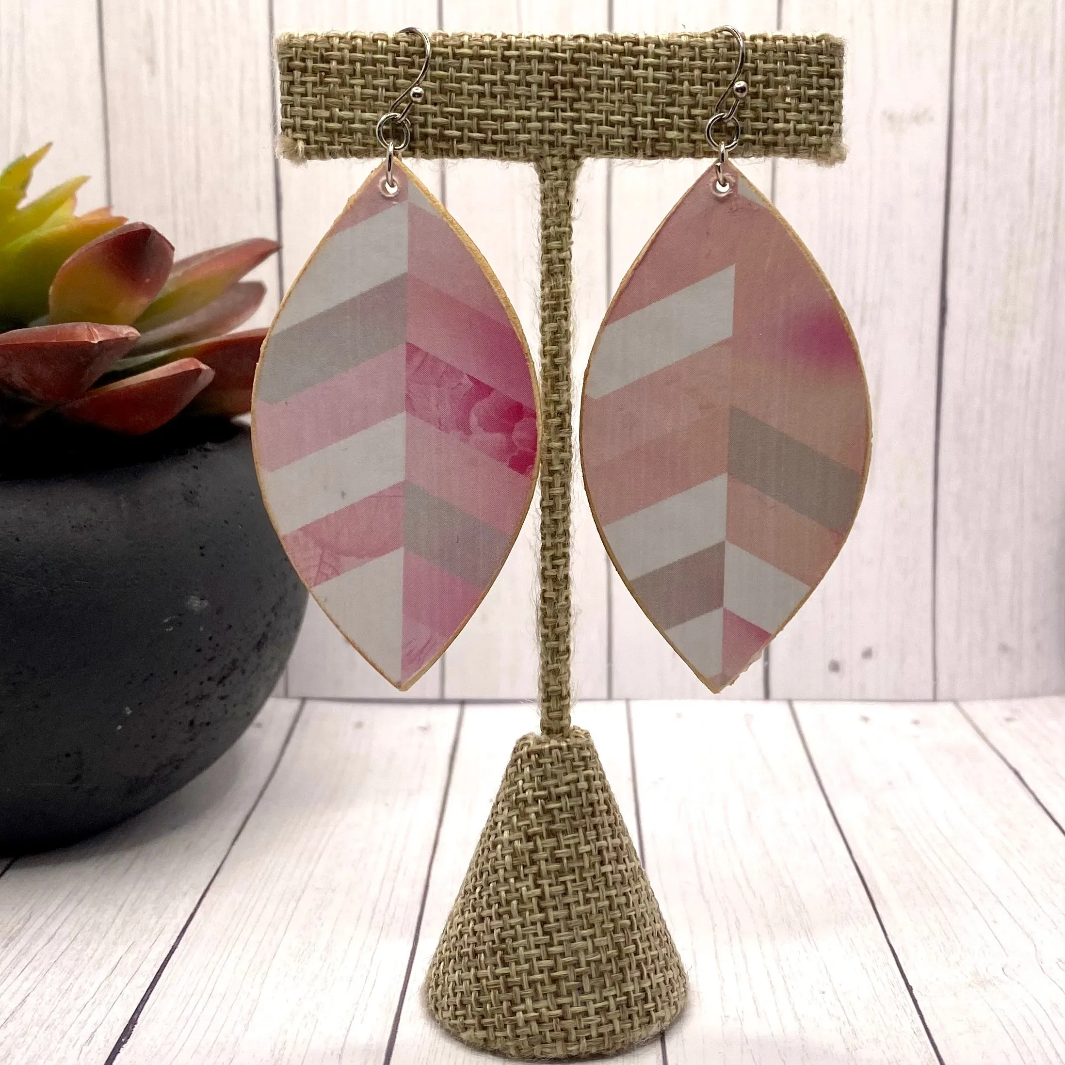 Pink Chevron Leaf Wood Earrings