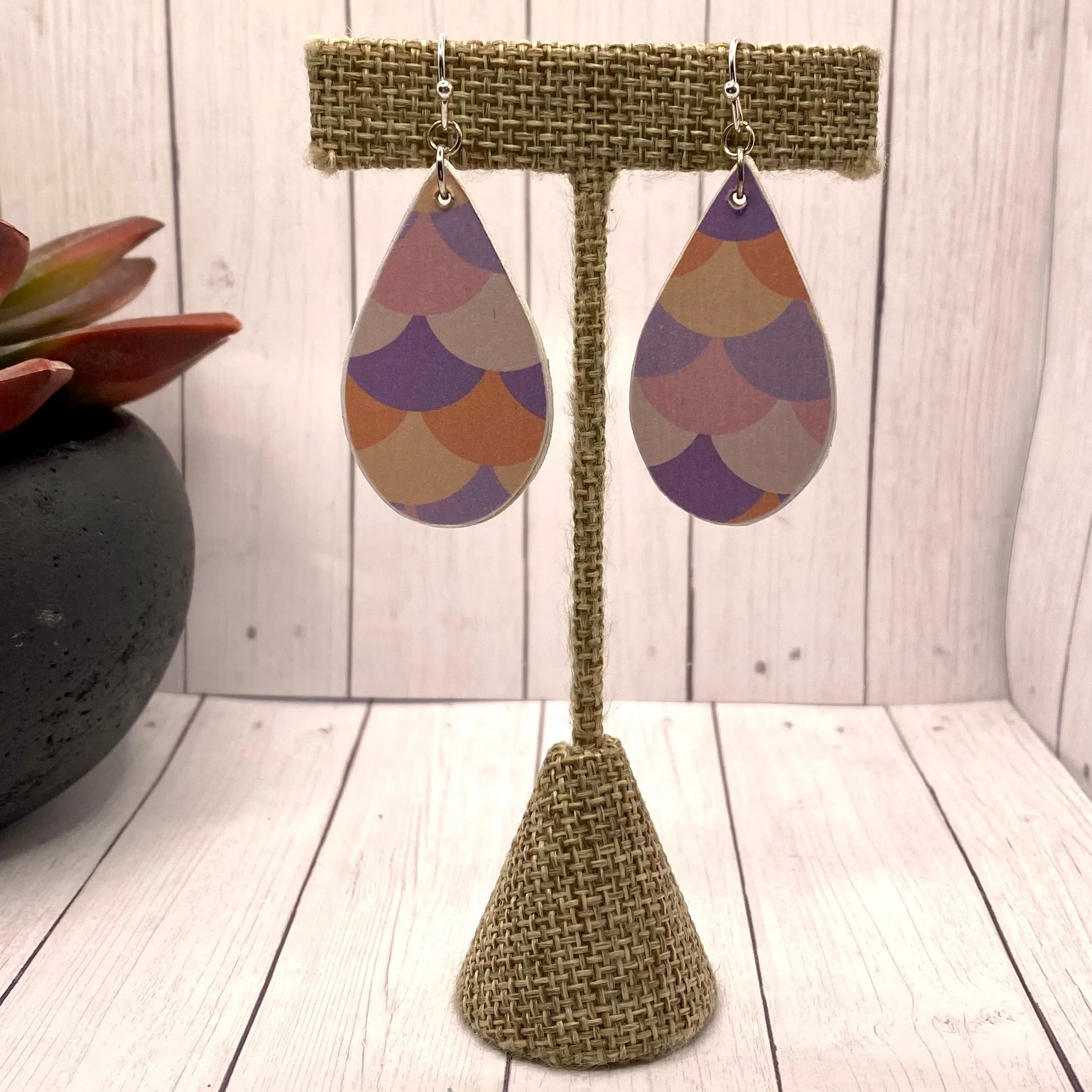 Purple Mermaid Scale Wood Earrings