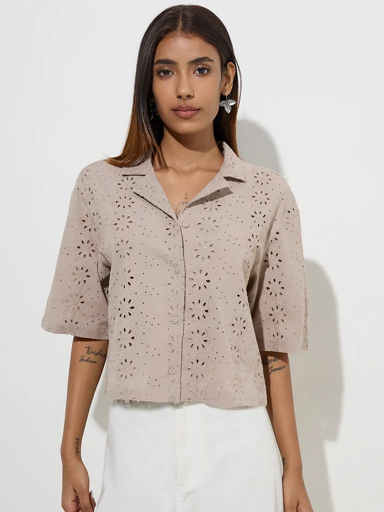 Utsa Beige Floral Schiffli Detailed Cotton Ethnic Shirt
