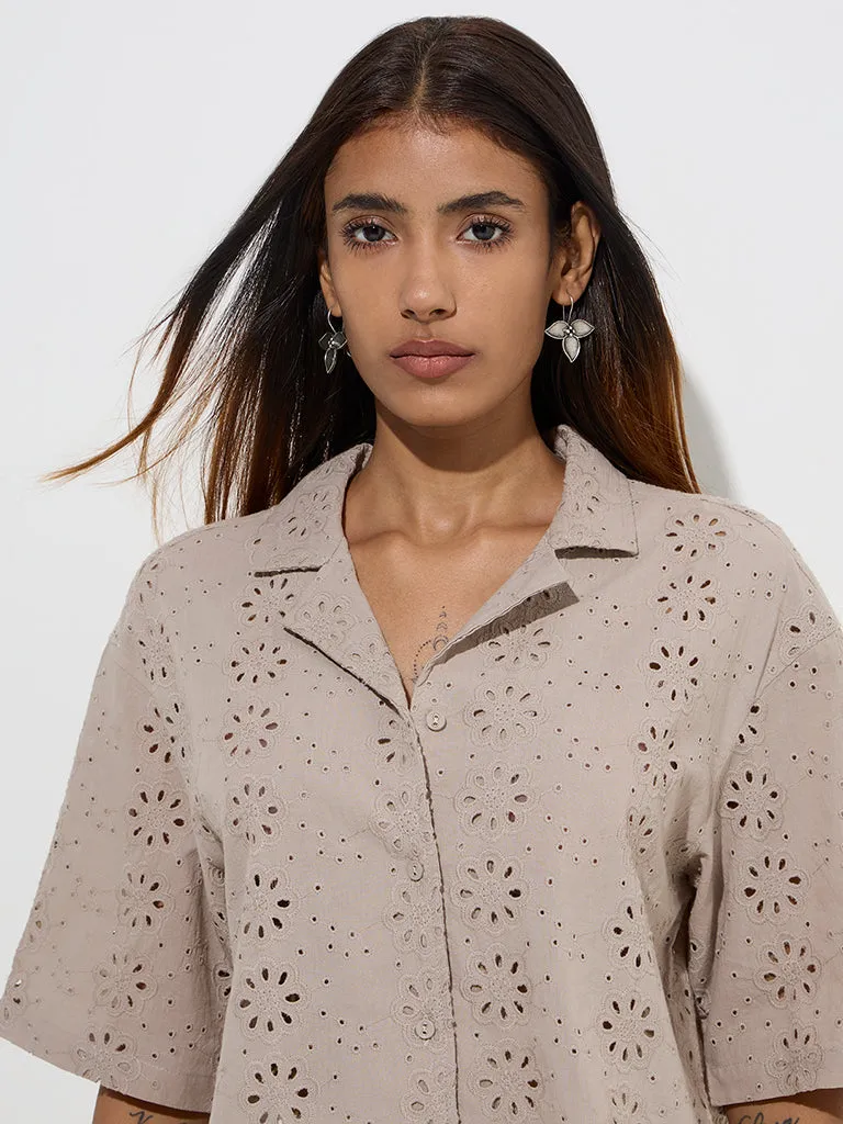 Utsa Beige Floral Schiffli Detailed Cotton Ethnic Shirt