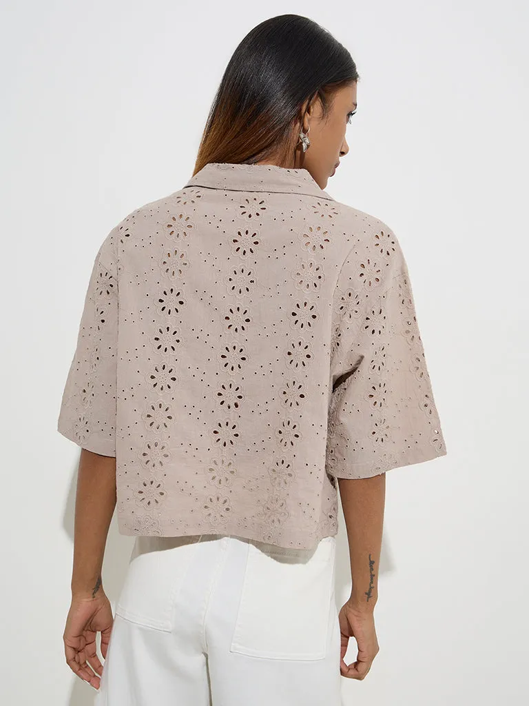 Utsa Beige Floral Schiffli Detailed Cotton Ethnic Shirt