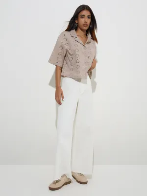 Utsa Beige Floral Schiffli Detailed Cotton Ethnic Shirt