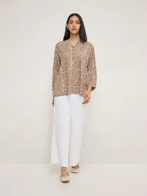 Utsa Beige Leaf Printed Straight Kurti