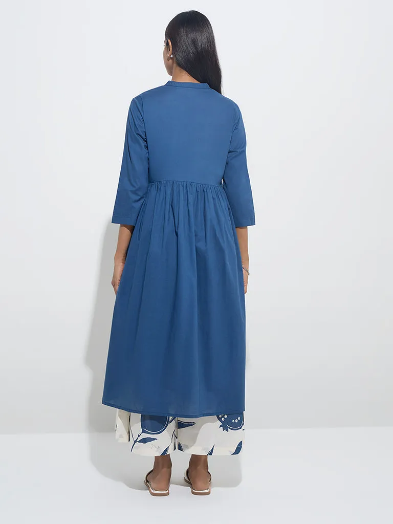 Utsa Blue Anar Pattern Fit-and-Flare Cotton Kurta