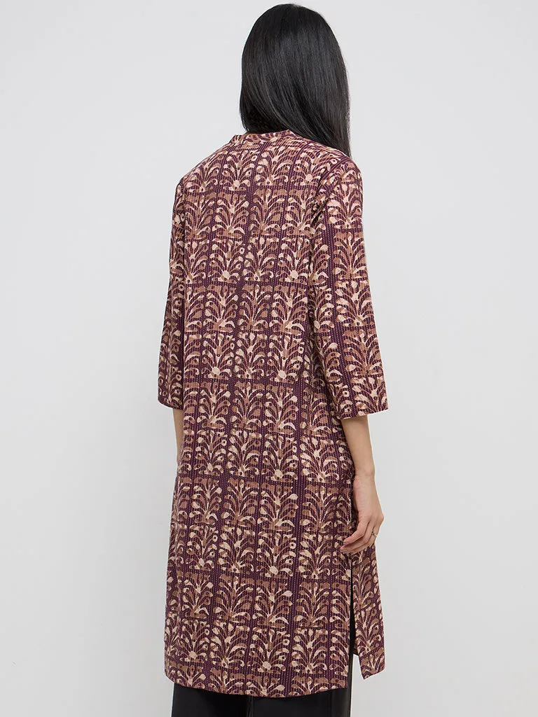 Utsa Purple Botanical Design Cotton-Blend Straight Kurta